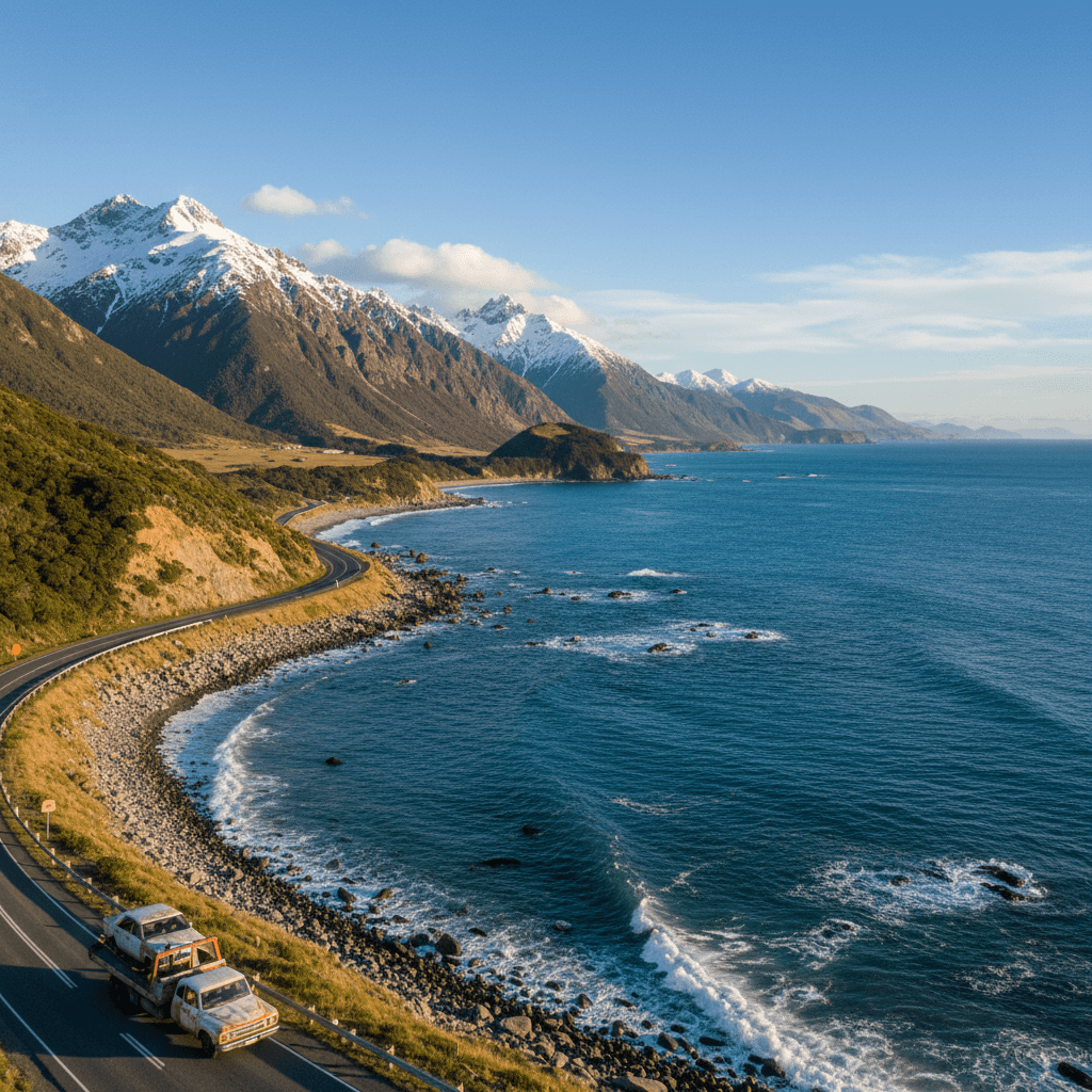 car wreckers Kaikoura tow truck on coastal road with mountains