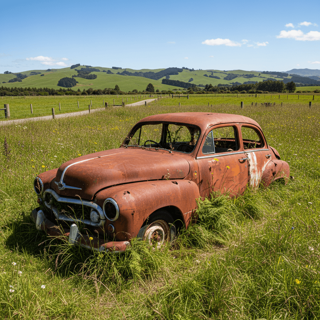 old rusty scrap car in Kaikoura paddock ready for wrecking
