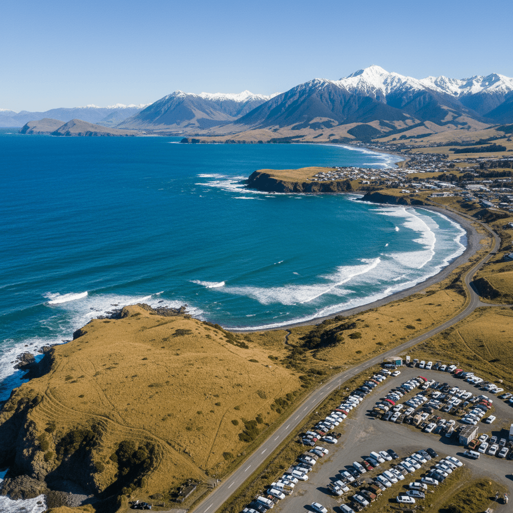 aerial view of Kaikoura New Zealand with mountains and ocean for scrap car selling guide