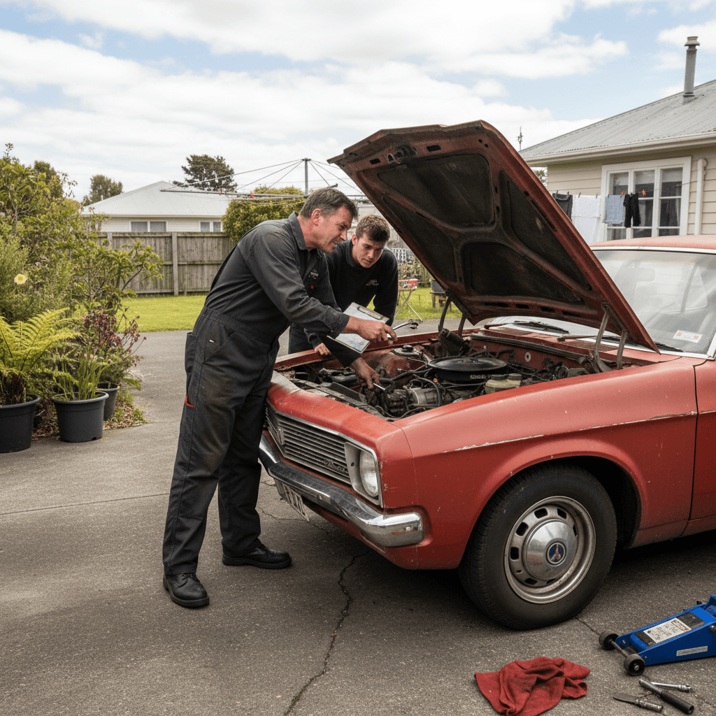 mechanic inspecting scrap car before purchase in Kaikoura driveway